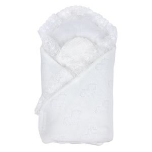 Конверт-одеяло вязанный на выписку ''Сердечки'', вуаль съемная, разм. 95*95, 500гр, шапочка утепленная, цвет Молочный, Mam-Baby